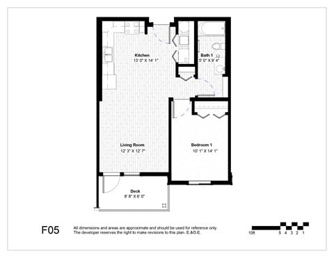 Floor plan for 1 bed, 1 bath, 657 sqft